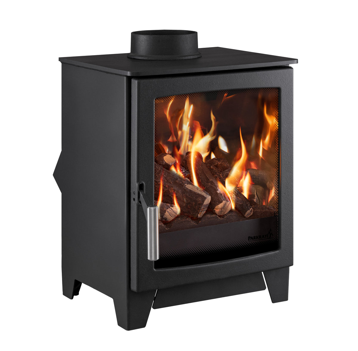 A black gas stove with a glass front door showing a realistic flame and log effect, on a plain white background.