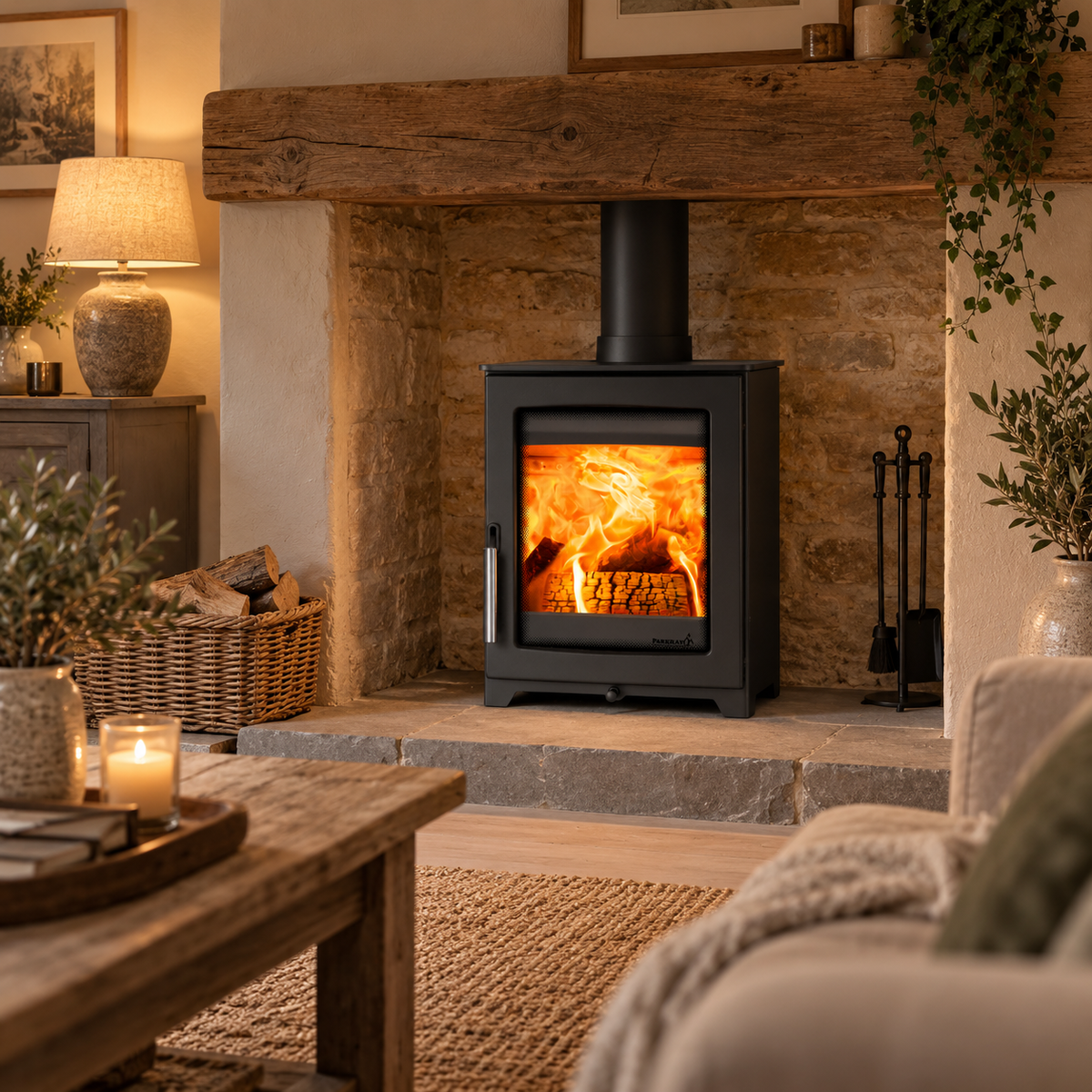 A black wood-burning stove with a glowing fire inside, set in a rustic stone fireplace with a wooden mantel, cozy room decor, and a sofa in the foreground.