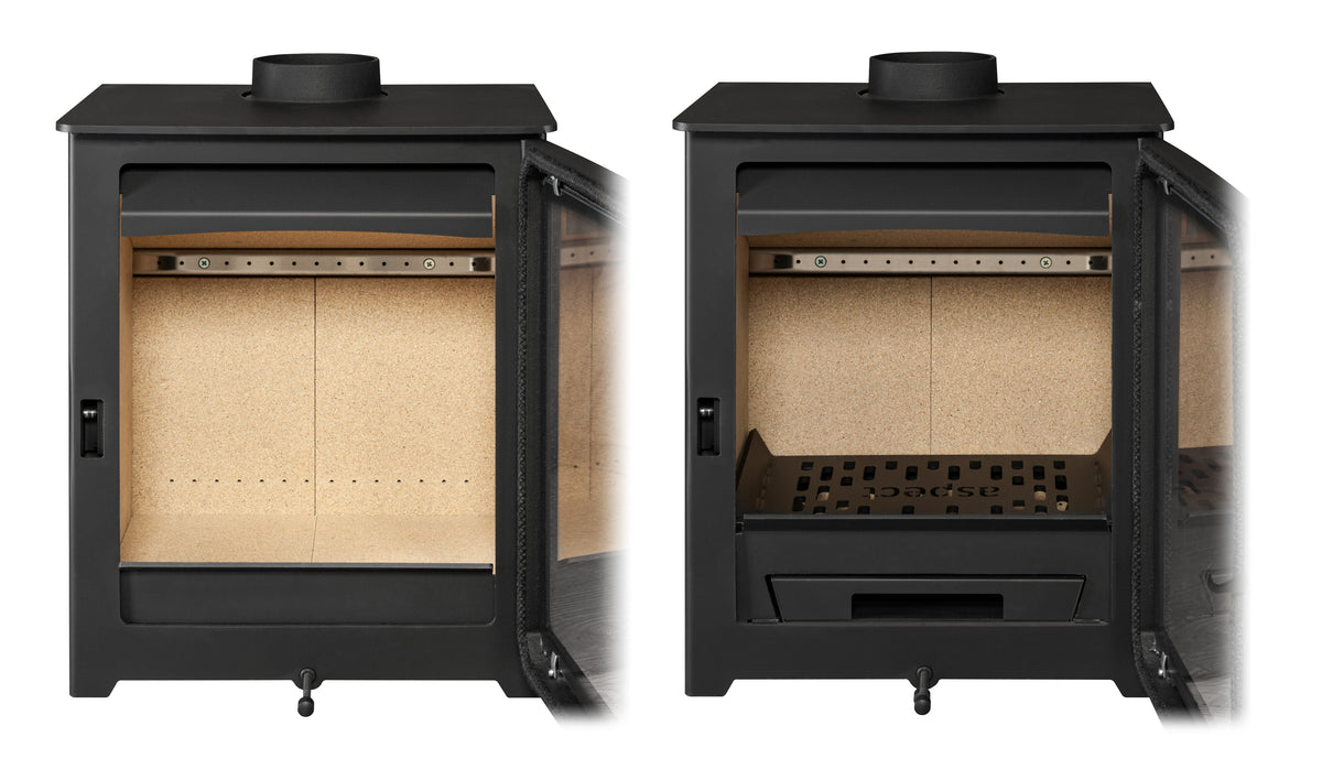 Two views of a black wood-burning stove with its door open, showing the interior firebox, light tan insulating panels, and grate, set against a plain white background.