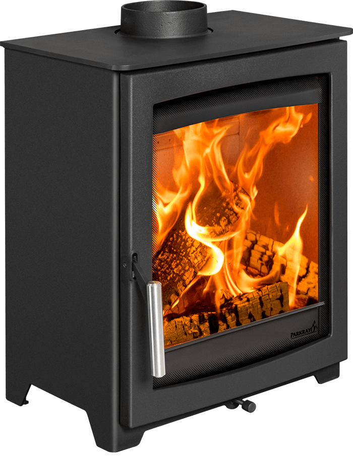 A black metal wood-burning stove with a glass door showing bright orange flames and logs inside, photographed on a clean white background.