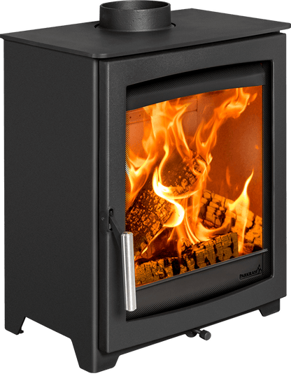 A black metal wood-burning stove with a glass door showing bright orange flames and logs inside, photographed on a clean white background.