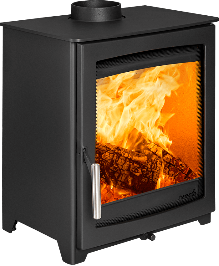 Black freestanding stove with visible flames and wood inside