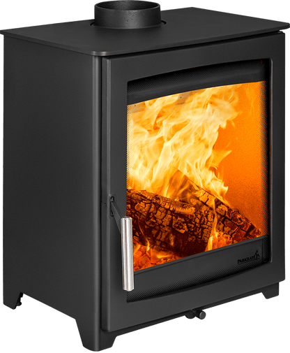 Black freestanding stove with visible flames and wood inside