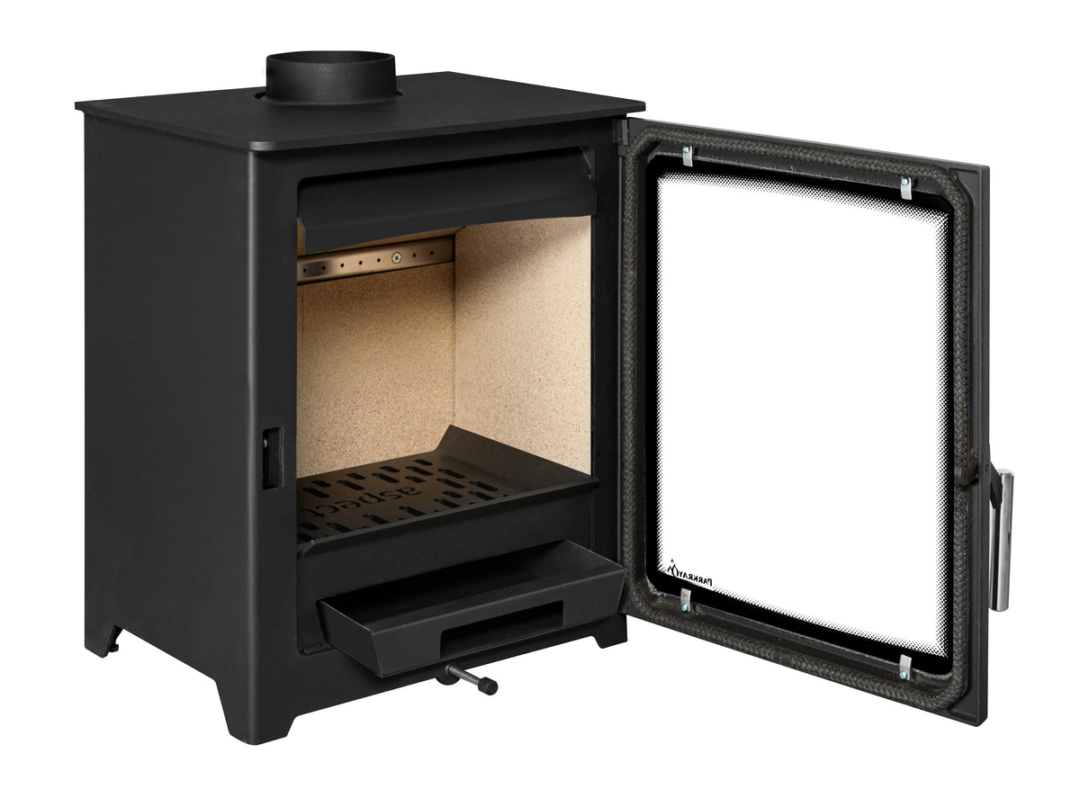 A black cast iron wood-burning stove with its door open, showing the interior firebox and draft tube against a solid white background.