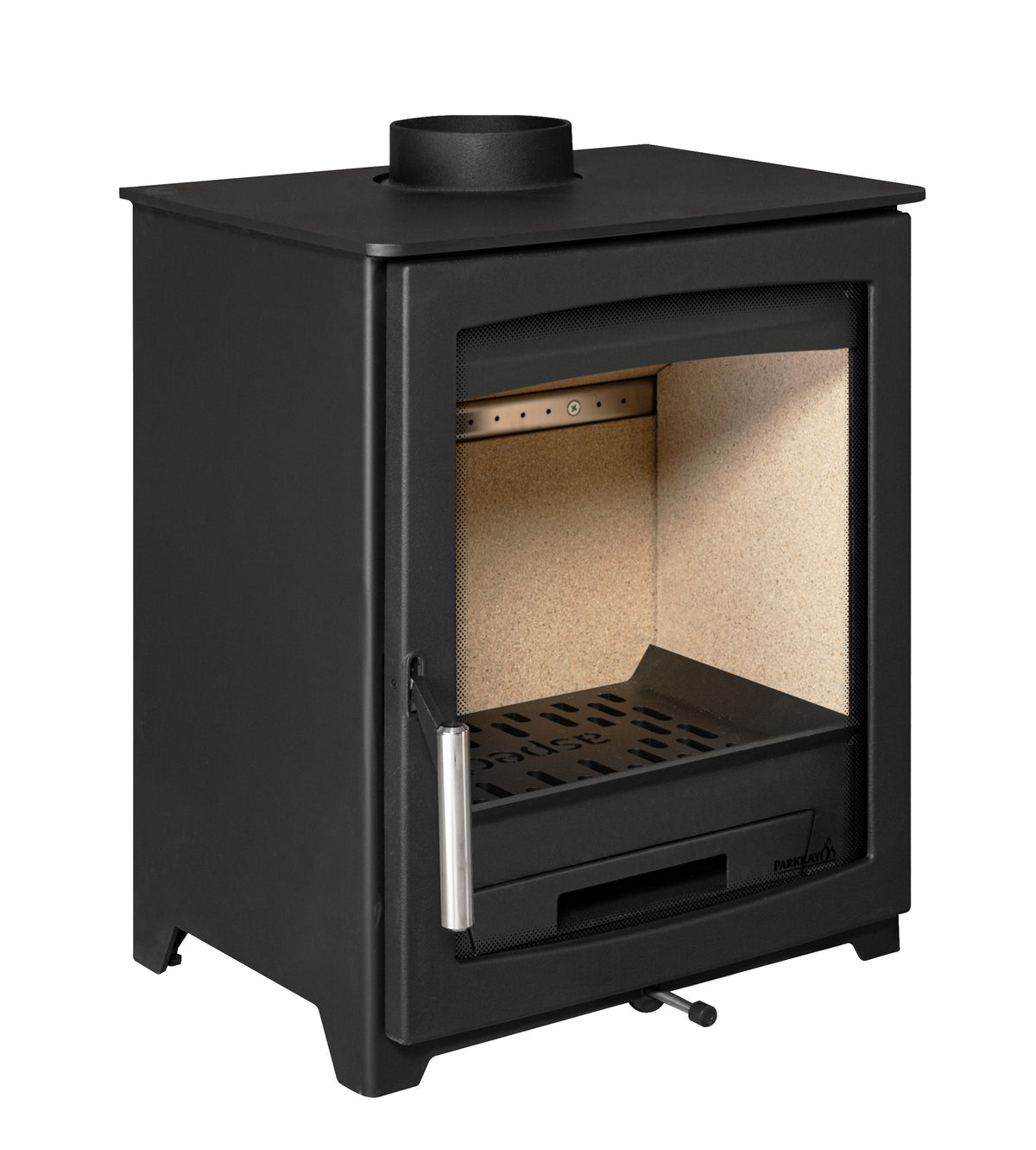 A black wood-burning stove with a glass front door, showing a beige interior liner, a metal grate, and a silver handle, isolated on a white background.