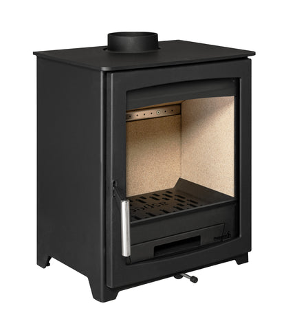 A black wood-burning stove with a glass front door, showing a beige interior liner, a metal grate, and a silver handle, isolated on a white background.