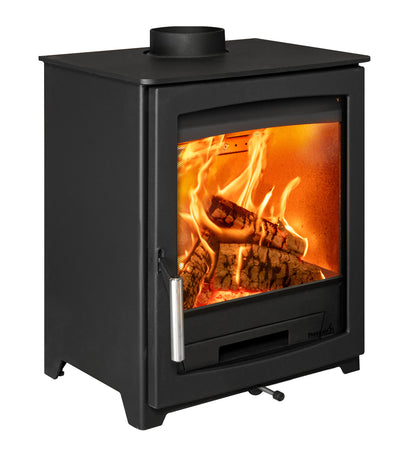 A black metal wood-burning stove with a glass front door showing a burning fire inside, photographed on a plain white background.