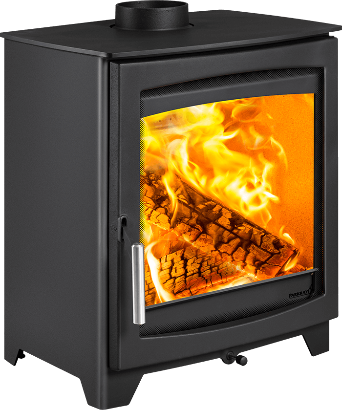 Black metal wood-burning stove with a glass door showing bright orange flames and logs, photographed on a plain white background.