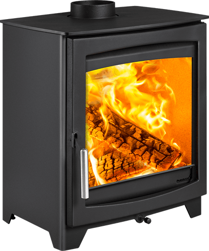 Black metal wood-burning stove with a glass door showing bright orange flames and logs, photographed on a plain white background.