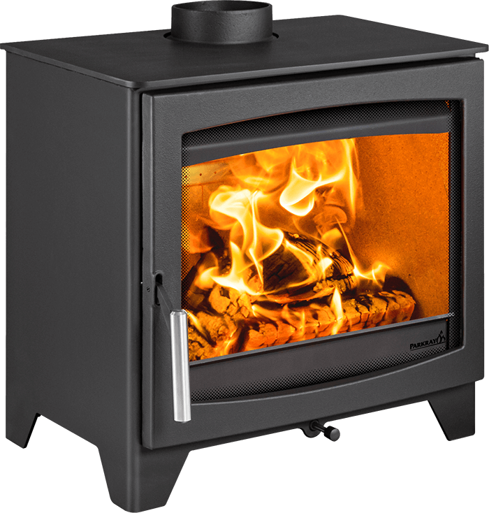A black wood-burning stove with a glass front door showing a bright orange fire and logs inside, photographed on a plain white background.
