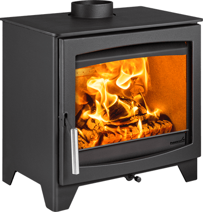 A black wood-burning stove with a glass front door showing a bright orange fire and logs inside, photographed on a plain white background.