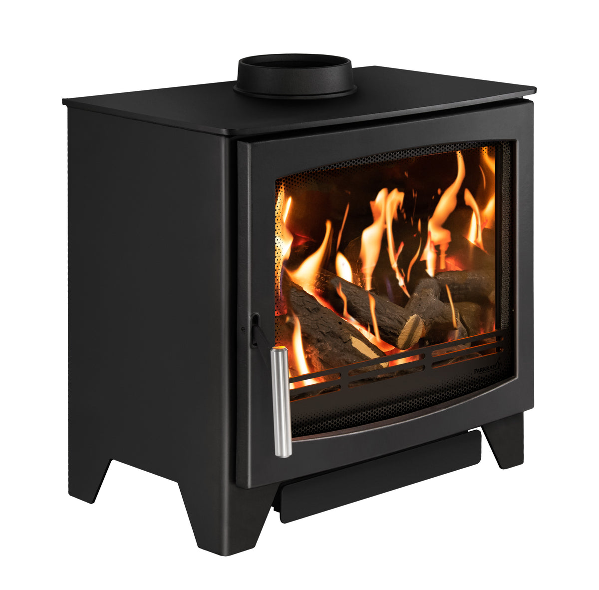 A black gas stove with a glass front door showing a fire with logs inside, on a plain white background.