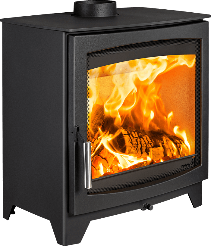 A black cast iron wood-burning stove with a glass front door showing a bright orange fire, isolated on a white background.