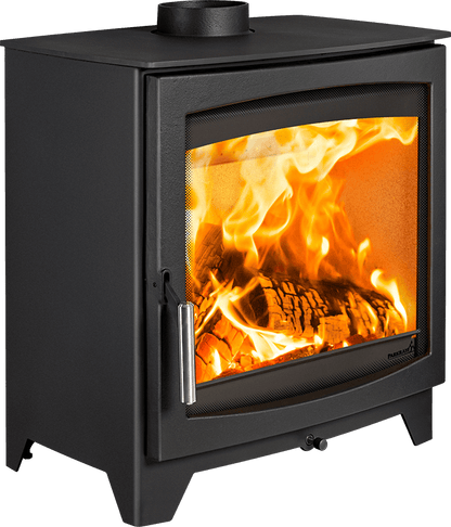 A black cast iron wood-burning stove with a glass front door showing a bright orange fire, isolated on a white background.