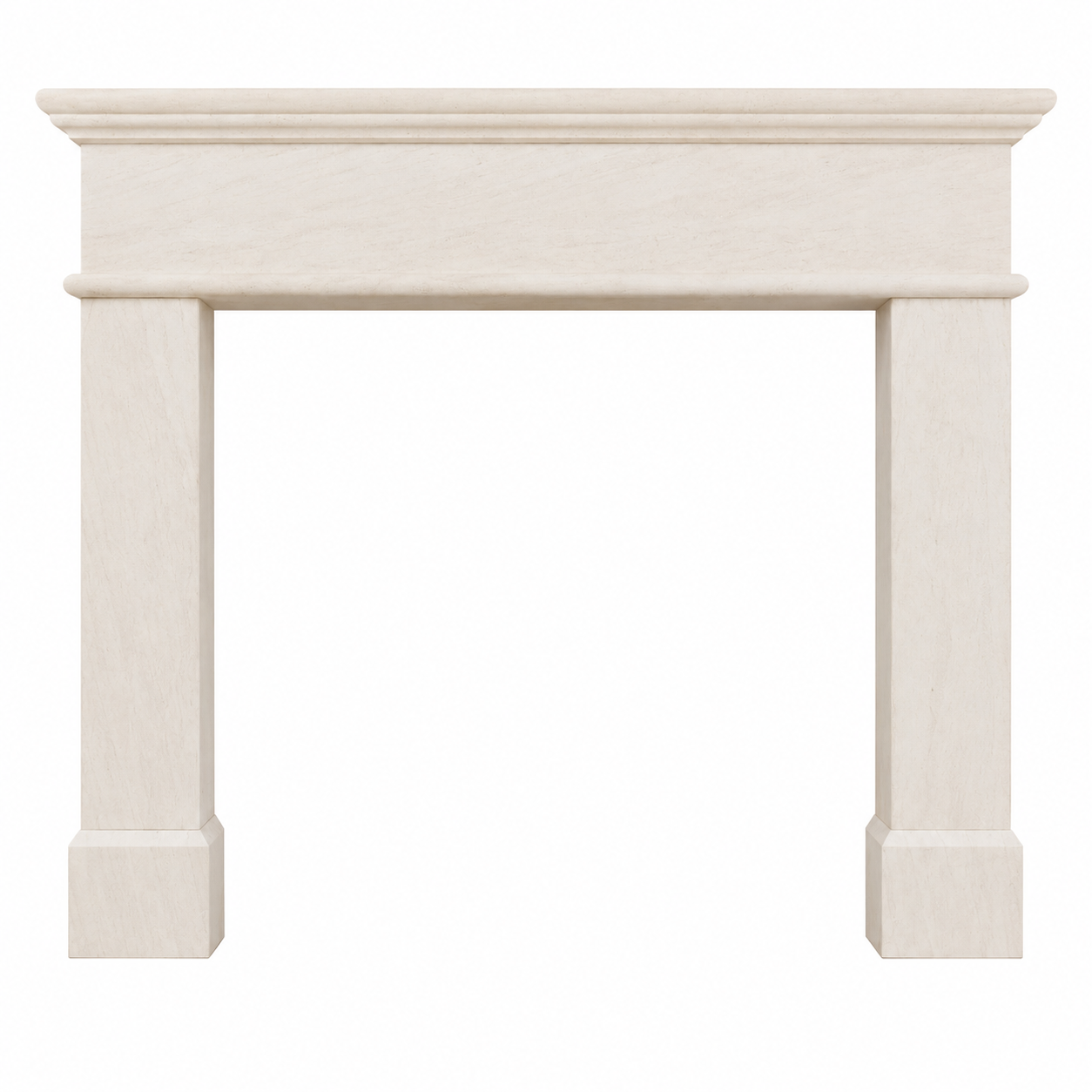 Limestone fireplace on a white background.