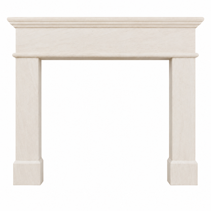 Limestone fireplace on a white background.