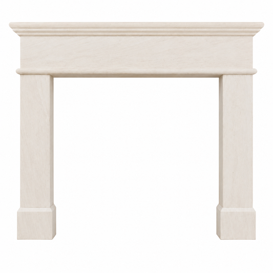 Limestone fireplace on a white background.