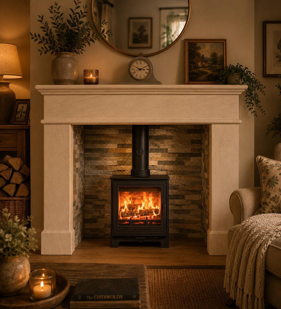 Limestone fireplace in a cosy lounge setting with mantle clock, warm tones and log burner flaming.