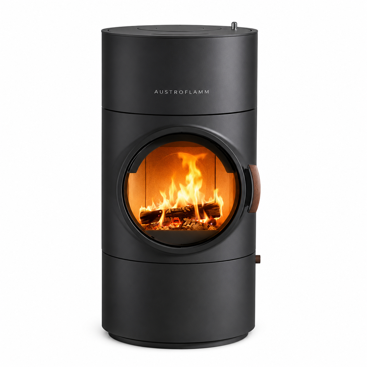 Austroflamm cylindrical wood-burning stove with a matte black finish, featuring a circular glass front door showing a burning fire, on a solid white background.