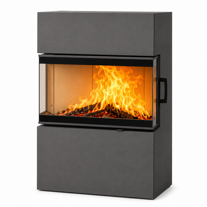 A modern wall-mounted fireplace with a dark gray textured exterior, a glass front door, and a realistic orange and yellow flame effect over faux logs, shown on a plain white background.