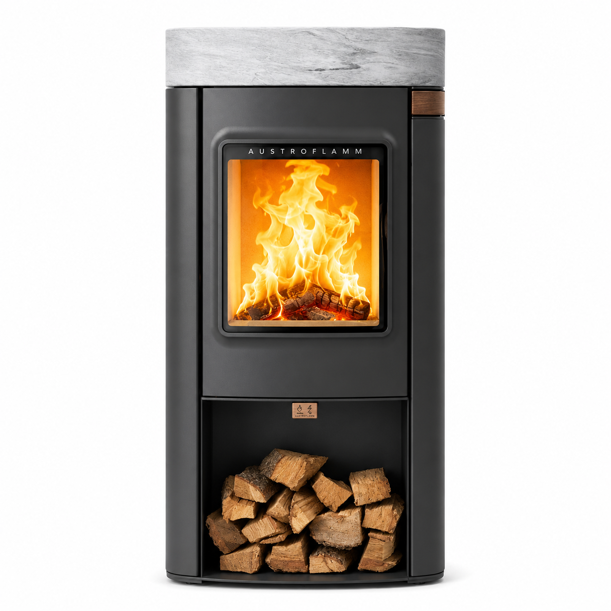 Austrofamm wood-burning stove with a black finish, marble top, open firebox showing flames, and a log storage compartment below, isolated on a white background.