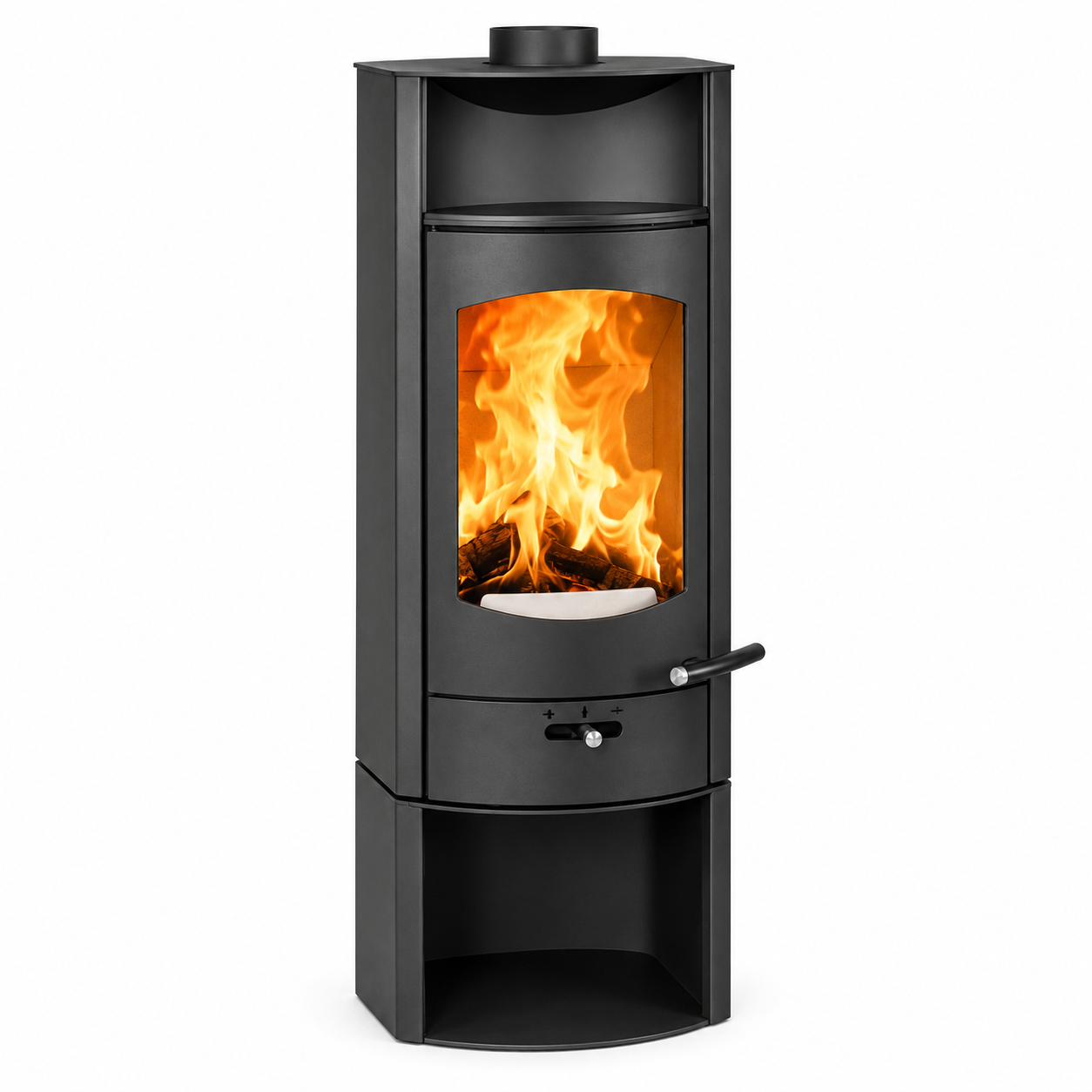 A modern black wood-burning stove with a glass front door showing a bright orange and yellow fire, set against a plain white background.