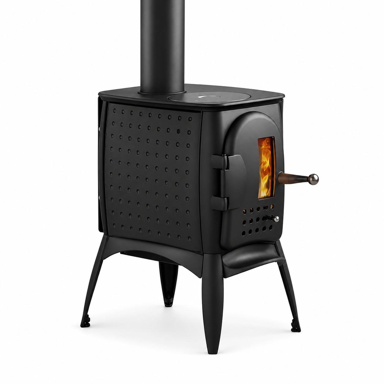 A black metal wood-burning stove with a visible fire inside, shown on a clean white background. The stove has a perforated front panel, a door handle, a chimney pipe extending upward, and a small metal knob on the side.