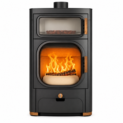 A modern black wood-burning stove with a glass front door showing a glowing fire, a secondary glass window above, and copper-toned metal handles and feet, isolated on a white background.