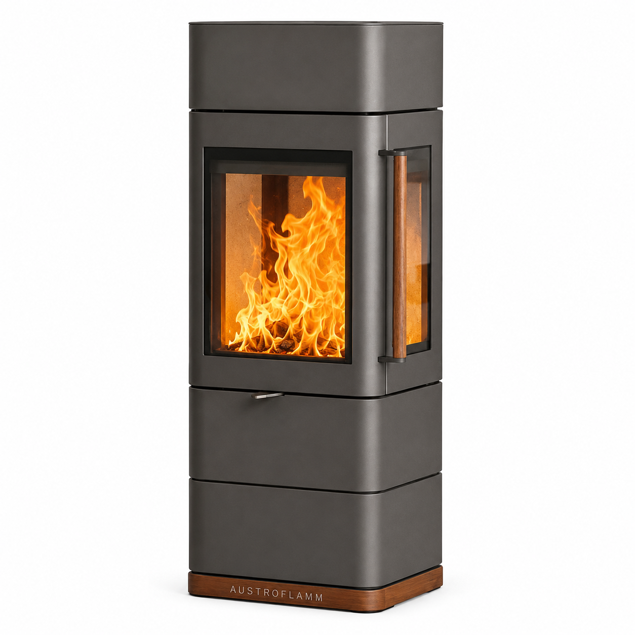 A modern vertical wood-burning stove with a dark gray finish, featuring a glowing orange fire visible through the front glass door and a side window. The brand name 'AUSTROFLAMM' is printed on the bottom wooden base.