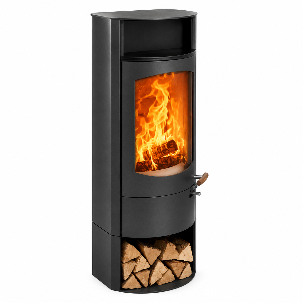 A modern black wood-burning stove with an open fire visible through a glass door, shown on a plain white background. The stove has a lower log storage compartment filled with firewood and a small handle on the right side.