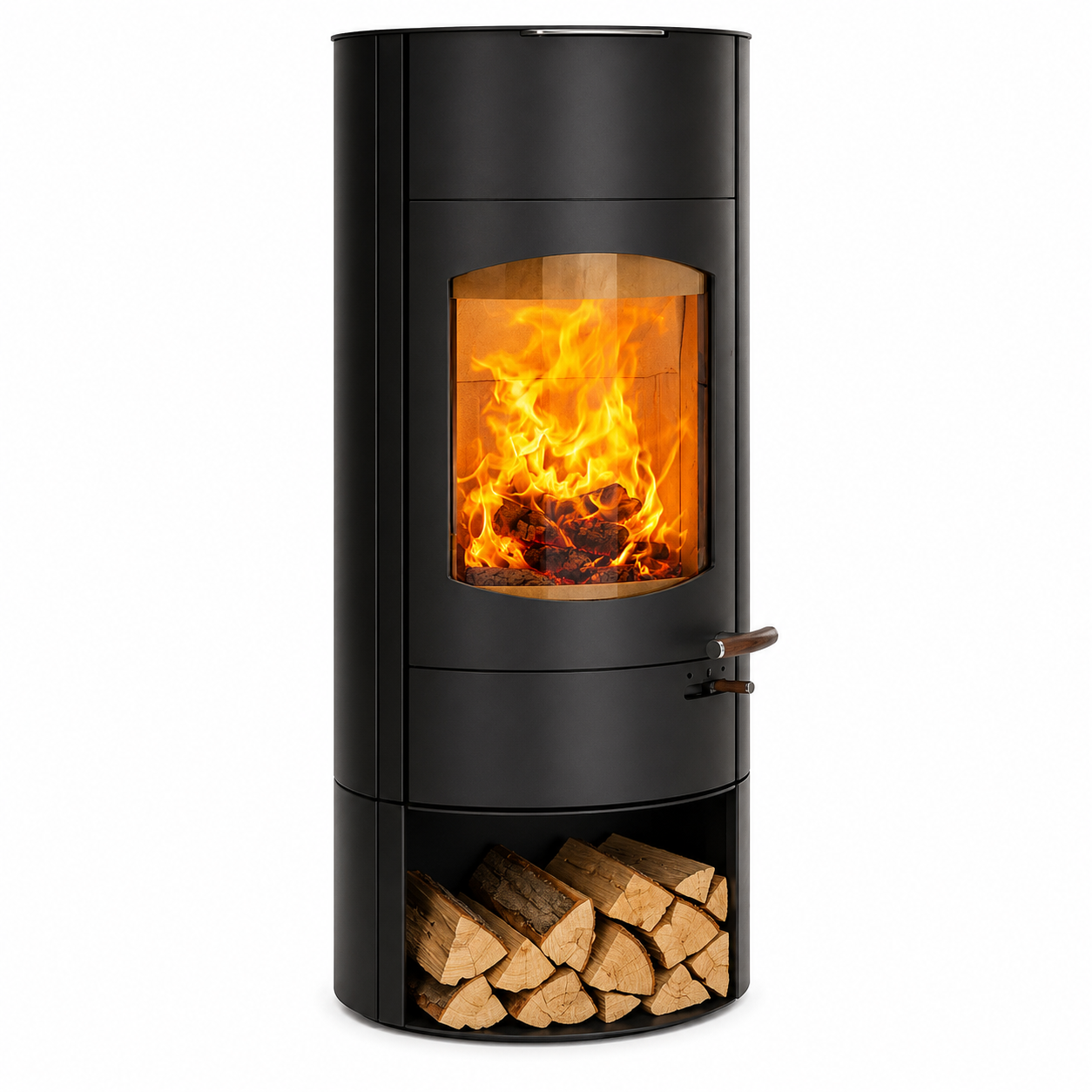 A modern black cylindrical wood-burning stove with a visible orange fire inside and a lower log storage compartment filled with cut wood, shown on a plain white background.