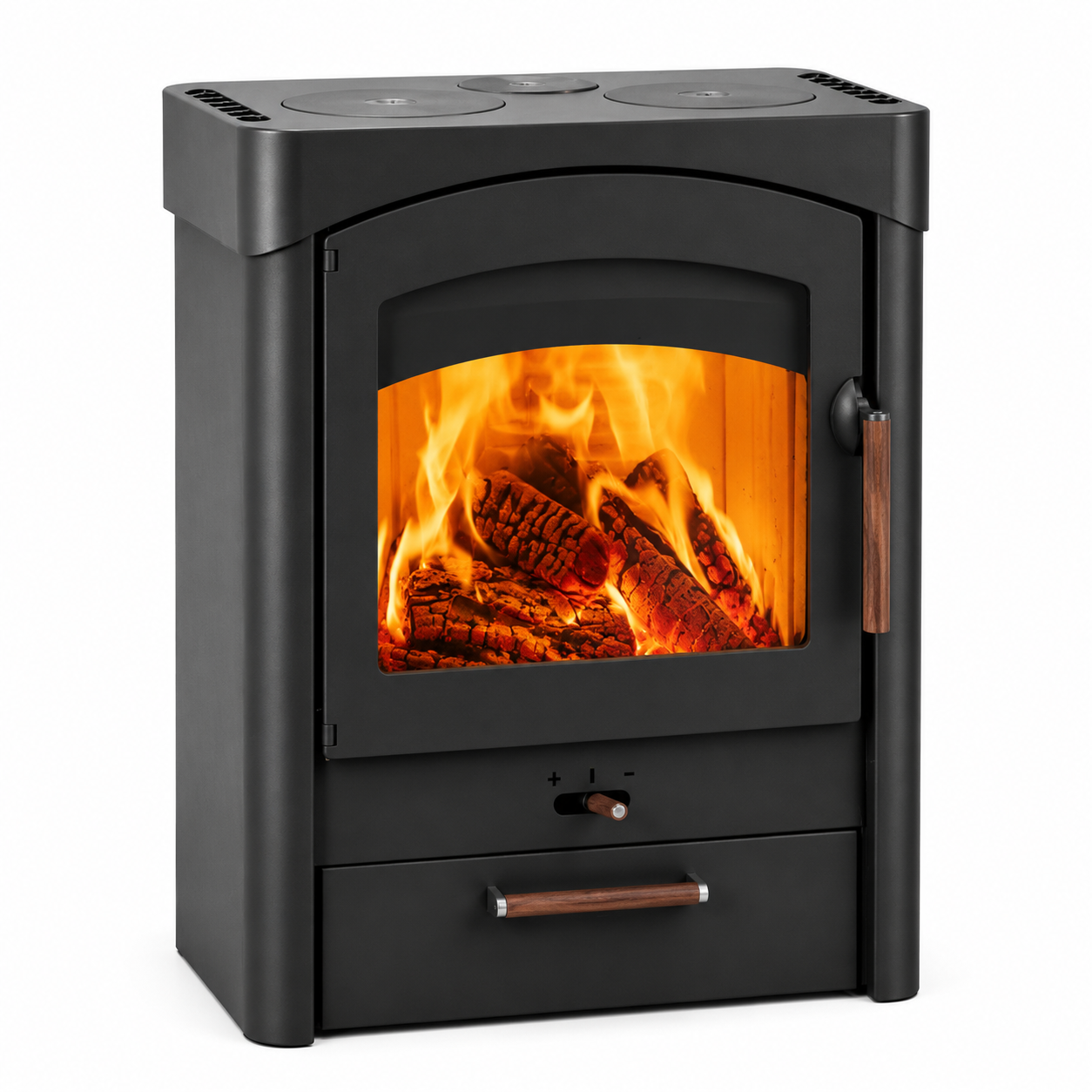 A black wood-burning stove with an open front door showing glowing orange flames and logs inside, plus a bottom drawer with a metallic handle, photographed on a plain white background.