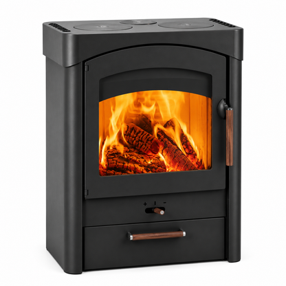 A black wood-burning stove with an open front door showing glowing orange flames and logs inside, plus a bottom drawer with a metallic handle, photographed on a plain white background.