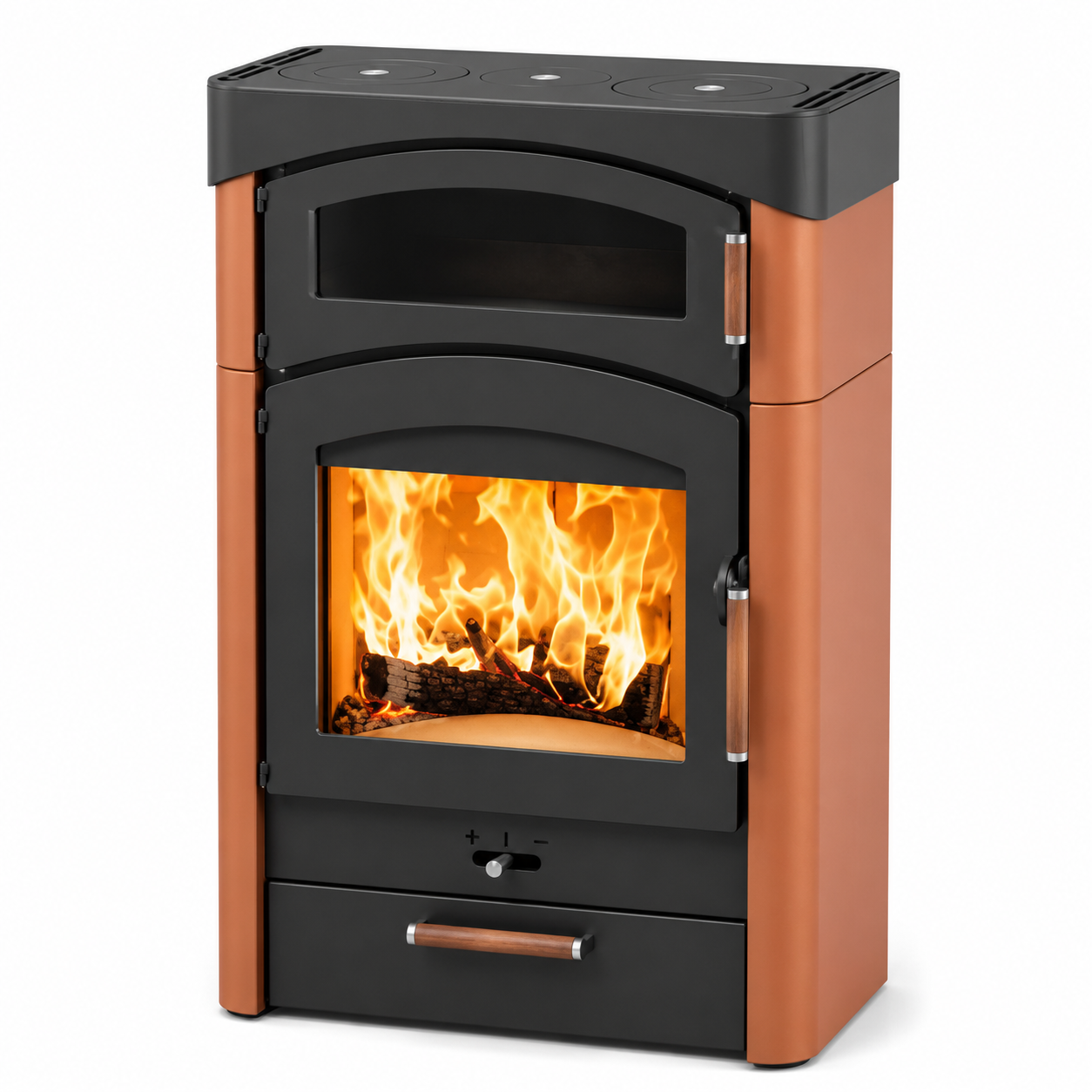 A modern wood-burning stove with a black metal front and a warm copper-orange side panels, featuring a visible fire inside and a top ash tray, shown on a white background.