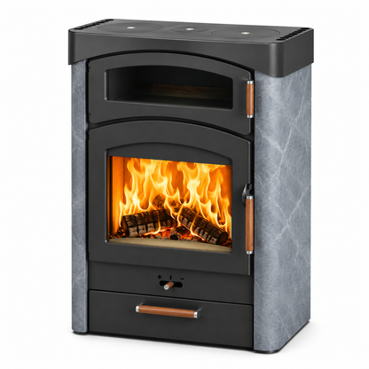A freestanding wood-burning fireplace with a black front door, gray marbled side panels, copper-toned handles, and a visible orange fire with logs inside, shown on a plain white background.