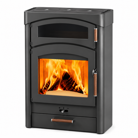 A modern black wood-burning fireplace with a glass door showing a bright orange fire, featuring copper-toned metal handles and hinges, set against a plain white background.