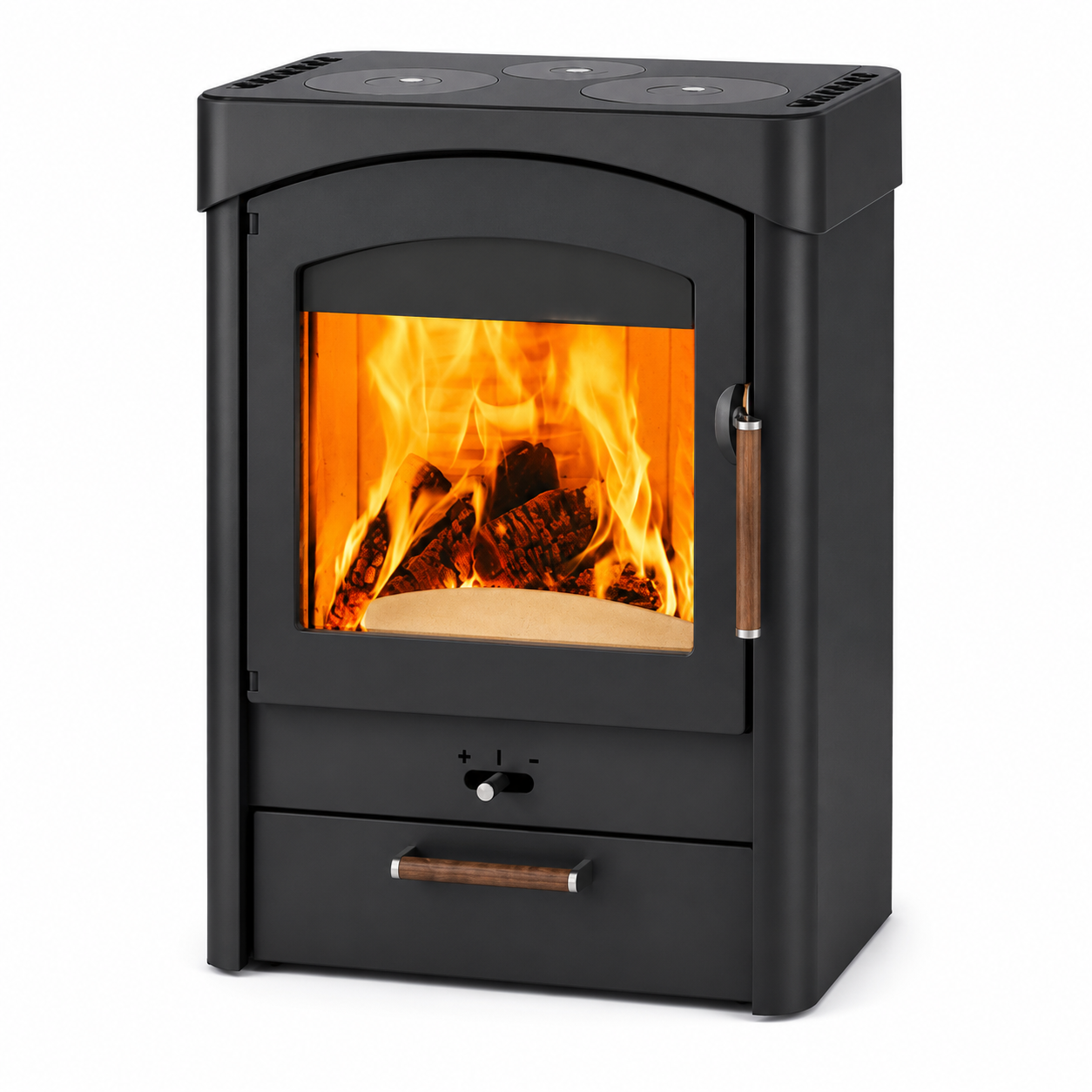 A black wood-burning stove with a glass door showing a warm orange fire inside, featuring a top control panel and a lower drawer with a wood-grain handle, isolated on a white background.