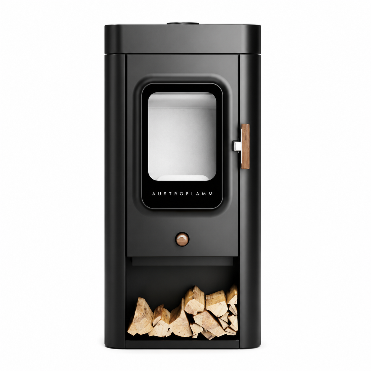 Austroflamm black wood-burning stove with a glass door, copper accents, and a firewood storage compartment at the bottom, shown on a white background.