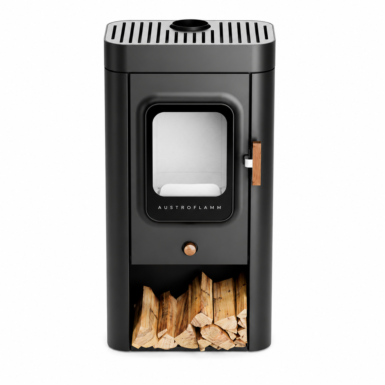 Austroflam black wood-burning stove with a glass window, copper handle, and visible stacked firewood in the bottom compartment, shown on a white background.