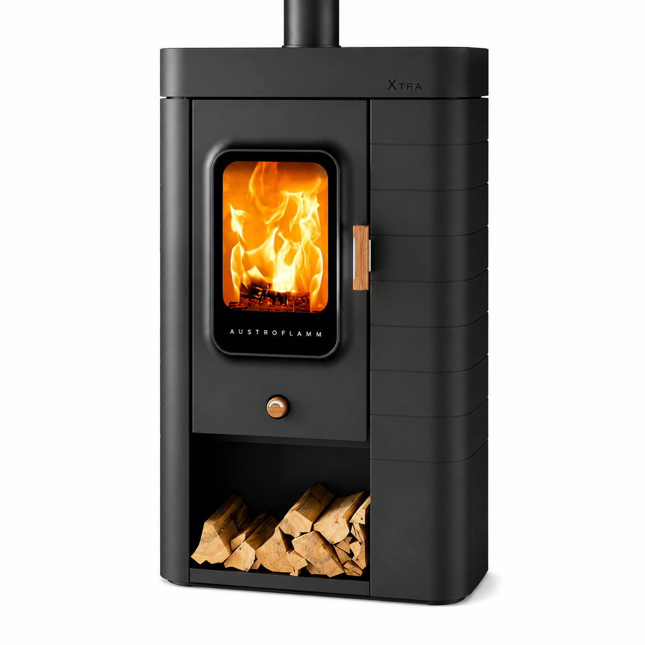 A modern black Austroflamk X7HA wood-burning stove with an open fire visible through the front glass door, a wood storage compartment filled with logs at the bottom, and a vertical chimney pipe extending from the top, shown on a plain white background.