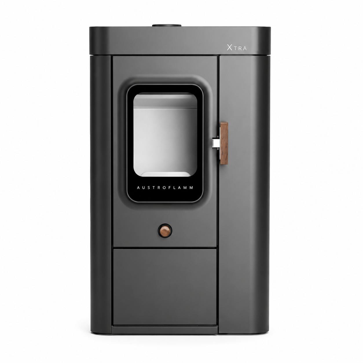 A modern dark gray AUSTROFLAMM X-Tra wood stove with a glass viewing window, a small brown handle, and a copper-colored control knob, shown against a plain white background.
