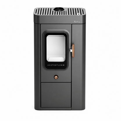 A modern dark gray wood-burning stove with a glass door, copper handle, and vented top, shown on a plain white background.