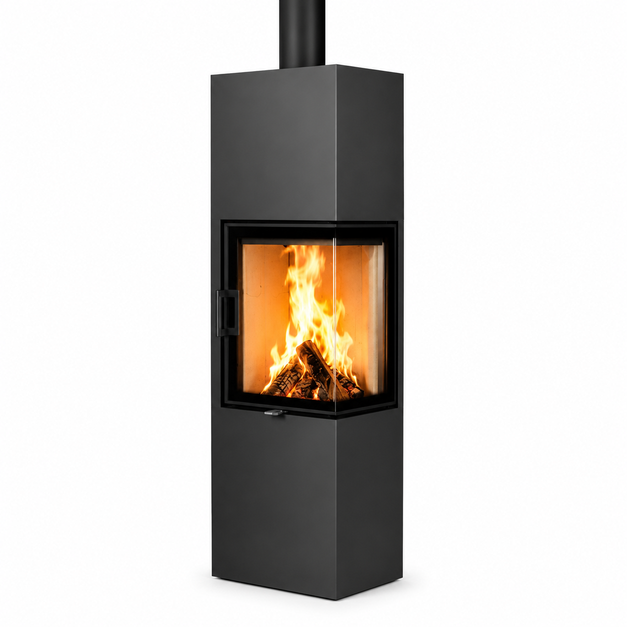 A modern black freestanding wood-burning fireplace with a visible fire inside, shown on a plain white background.