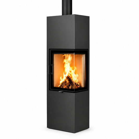 A modern black freestanding wood-burning fireplace with a visible fire inside, shown on a plain white background.