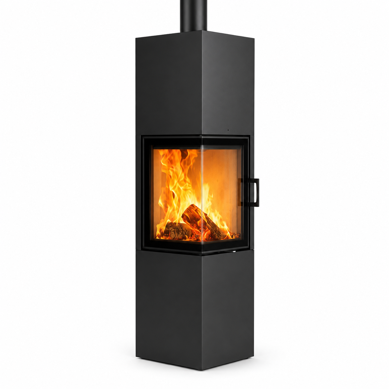 A modern black freestanding wood-burning stove with a glass front door showing bright orange and yellow flames, set against a plain white background.