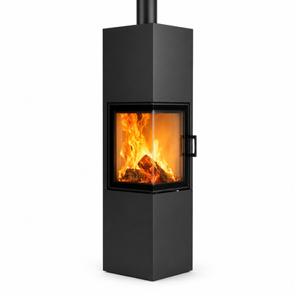 A modern black freestanding wood-burning stove with a glass front door showing bright orange and yellow flames, set against a plain white background.