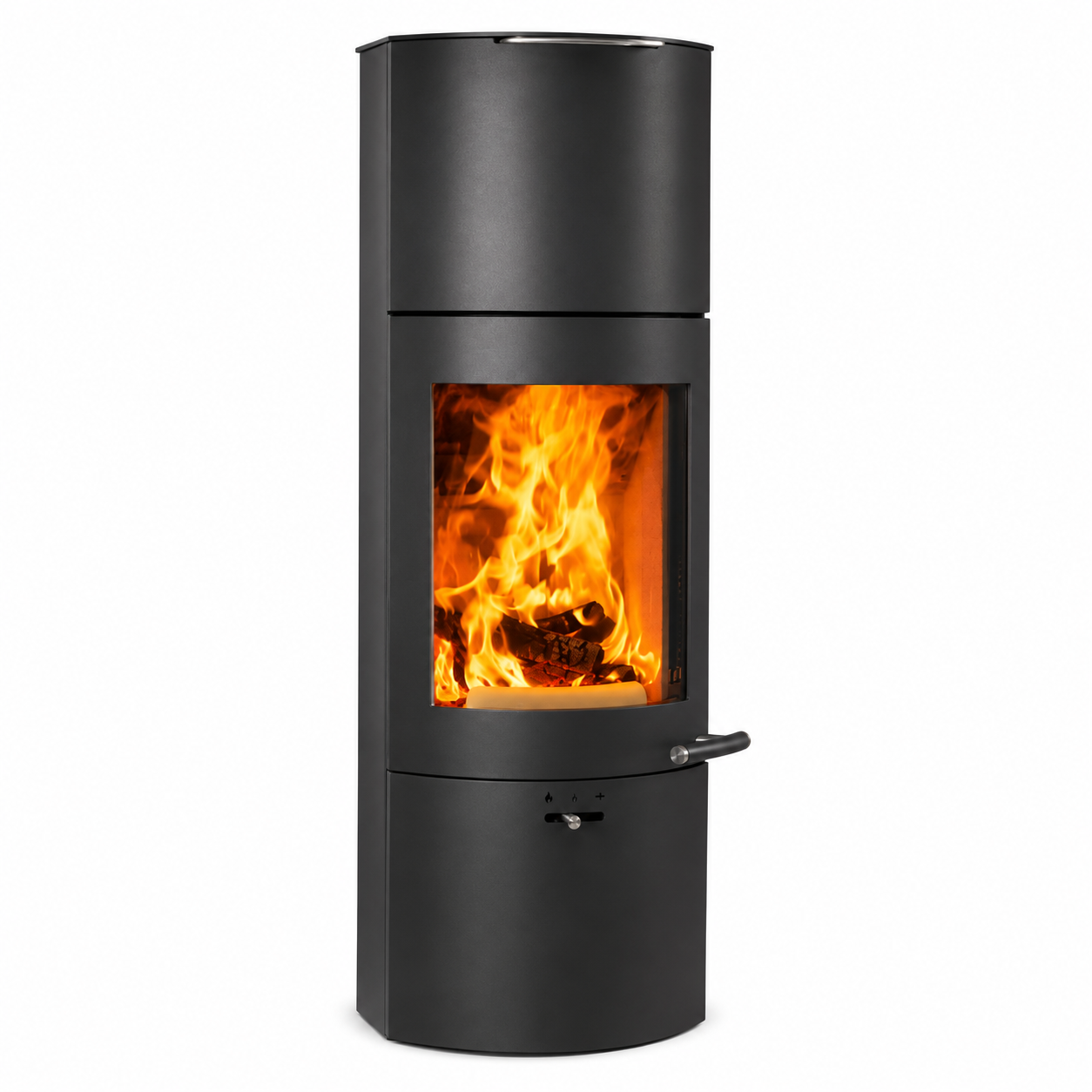 A modern black cylindrical wood-burning stove with a visible orange and yellow fire inside, shown against a plain white background.