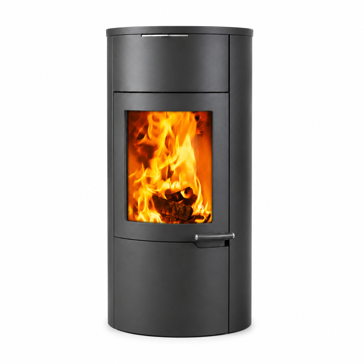 A modern cylindrical black wood-burning stove with a glass window showing a bright orange and yellow fire, isolated on a white background.