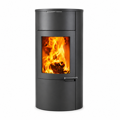 A modern cylindrical black wood-burning stove with a glass window showing a bright orange and yellow fire, isolated on a white background.