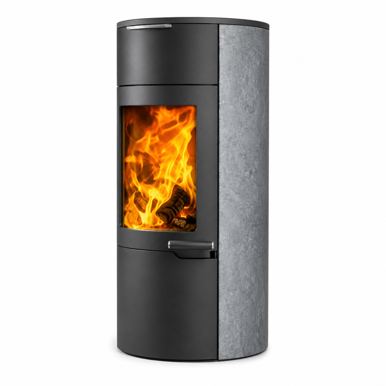 A modern cylindrical wood-burning stove with a black metal body, a textured gray side panel, and a glowing orange fire visible through the front glass window, isolated on a white background.